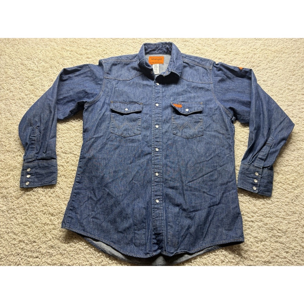 Wrangler FR Shirt Mens Large Regular Denim Pearl Snap Flame Resistant Western EC